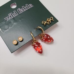 Wild Fable Bow Stud, Pearl Stud And Gold Red Strawberry Hoop Earrings